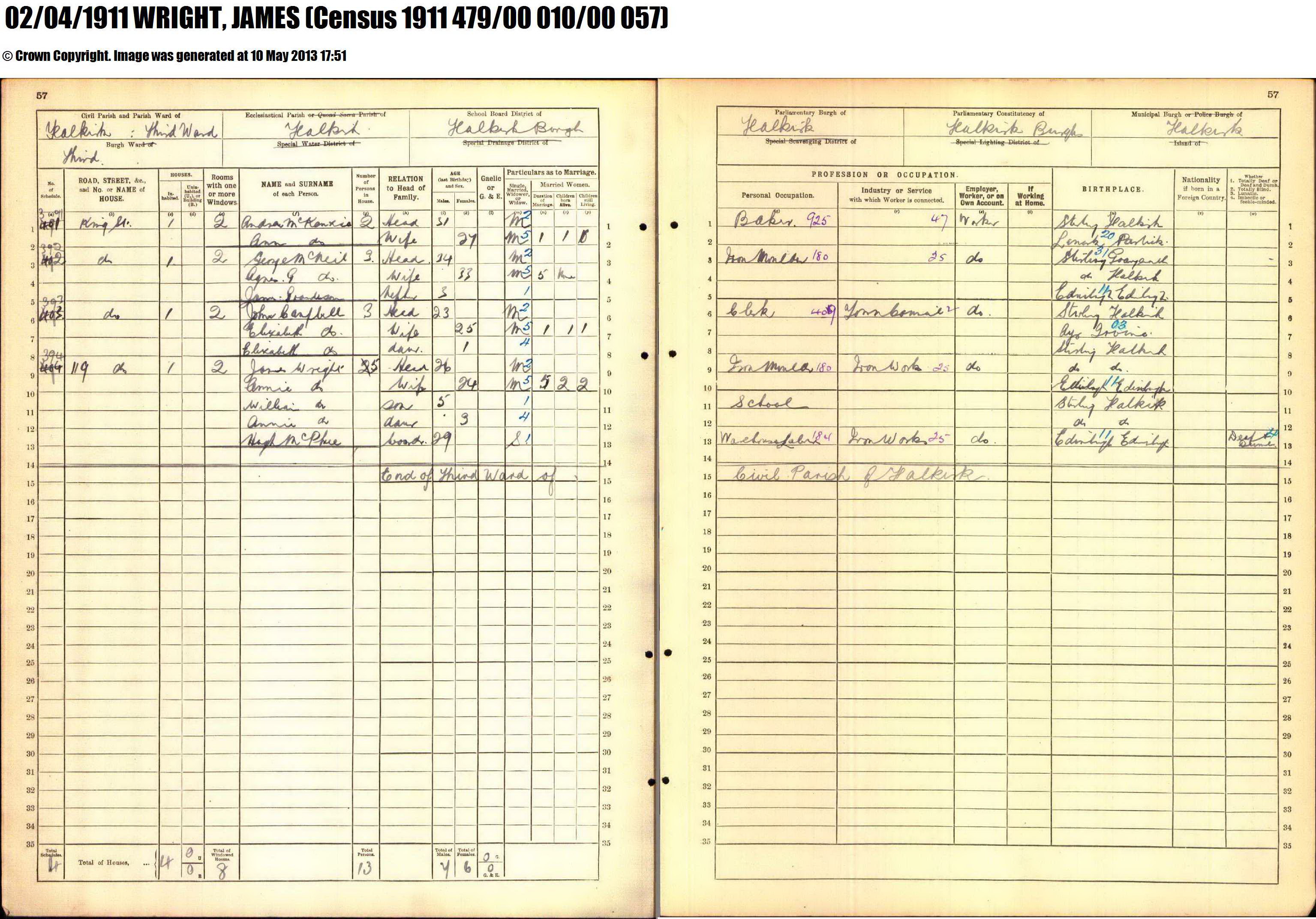 James Wright 1911 Census, Linked To: <a href='i217.html' >William Wright</a>